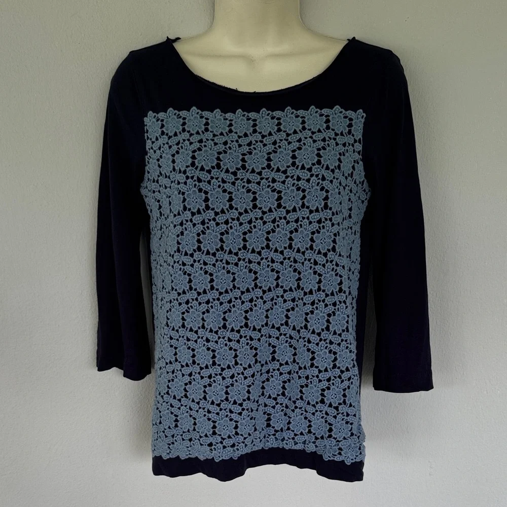 J. Crew blue floral textured eyelet lace 3/4 sleeve cotton knit top size XS